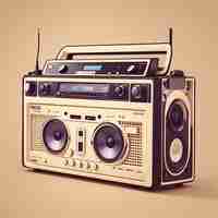 Photo retro portable radio cassete recorder with sound speaker and notes of music vector illustration flat cartoon style suitable for web landing page banner flyer sticker wallpaper card background