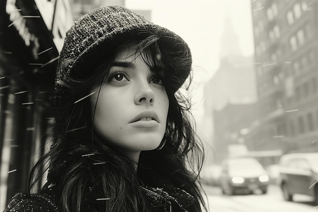 Retro portrait of a fashion young woman on the street in the city in winter An old vintage black and white photograph from the 1960s