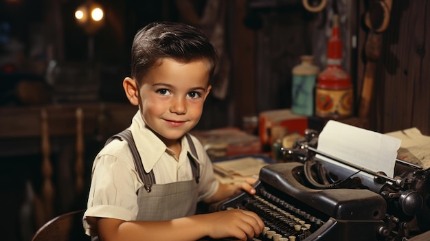 Retro portret van schattige kleine jongen met een typemachine in zijn handen thuis Generatieve AI