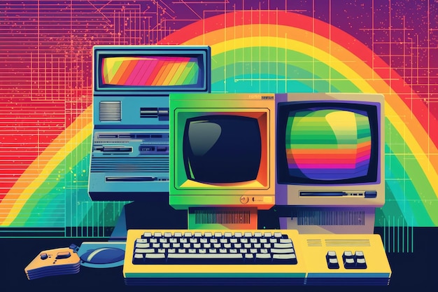 Retro poster met retro computergraphics en regenboogpatronen gemaakt met generatieve AI