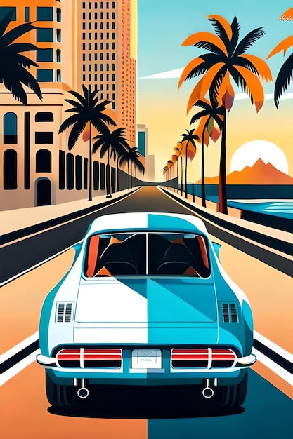 Retro poster of sports car at Miami beach