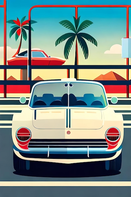 Retro poster of sports car at Miami beach