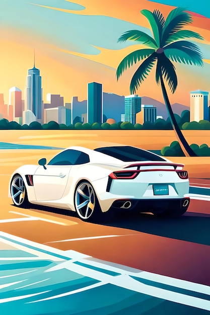 Retro poster of sports car at Miami beach