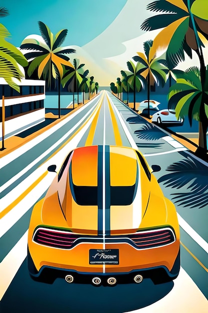 Ретро-постер спортивного автомобиля на Майами-Бич