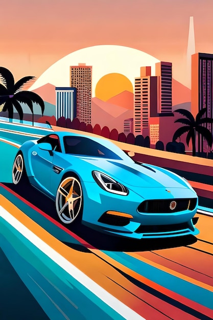 Retro poster of sports car at Miami beach