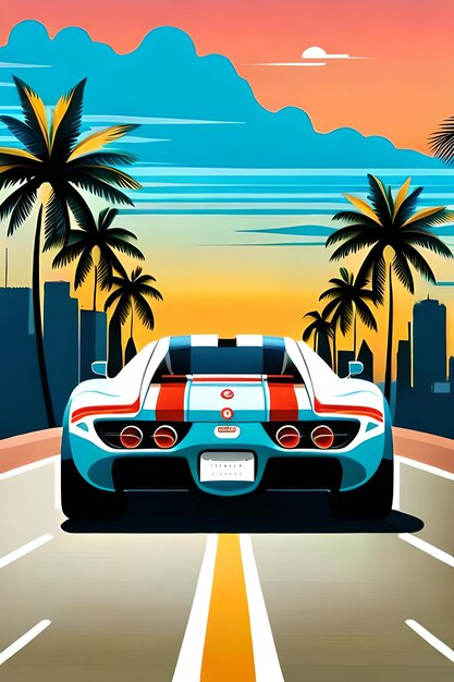 Retro poster van sportwagen op het strand van Miami