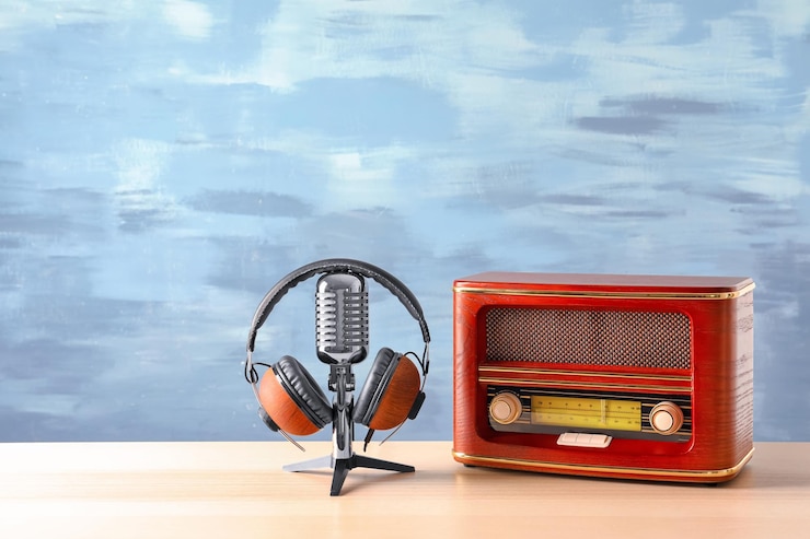 Photo retro radio microphone and headphones on table against blue wall