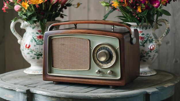 Retro radio receiver and flower vases