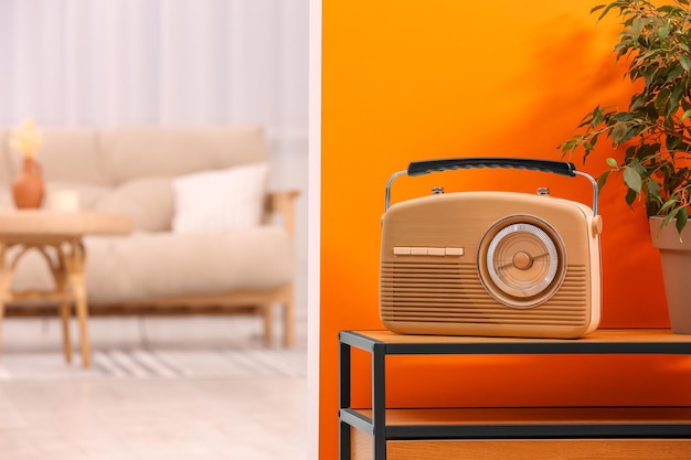 Retro radio receiver and houseplant on console table in stylish hallway space for text Interior design