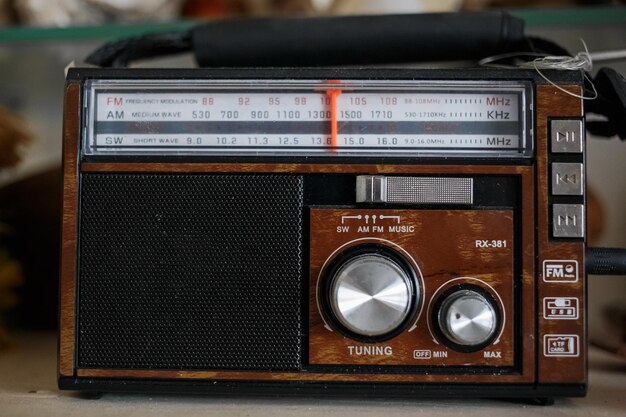 Retro radio stands on a shelf