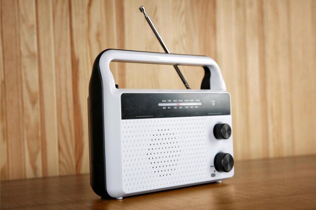 Retro radio on wooden background