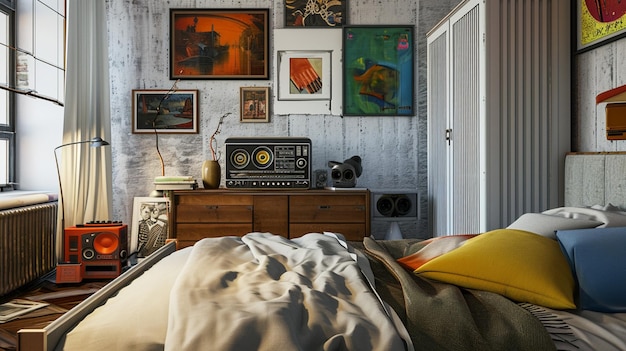 Retro radio on wooden rustic cupboard in bedroom interior Generative Ai