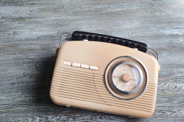 Retro radio on wooden table