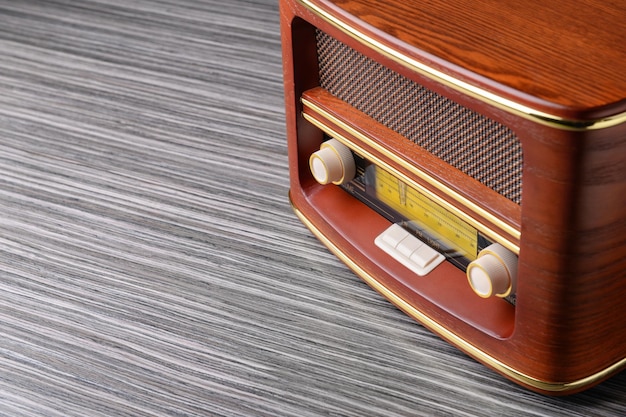 Retro radio on wooden table