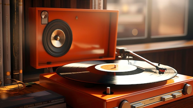 Photo retro record player with vinyl records and headphones