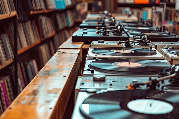 Retro Record Store Rows of Vinyl Records and Turntables