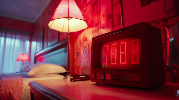 Foto una sveglia rossa retro è seduta su un comodino accanto a un letto la stanza è vagamente illuminata da una luce rossa