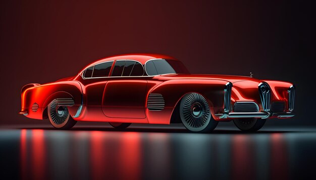 Retro red car standing on asphalt road at night