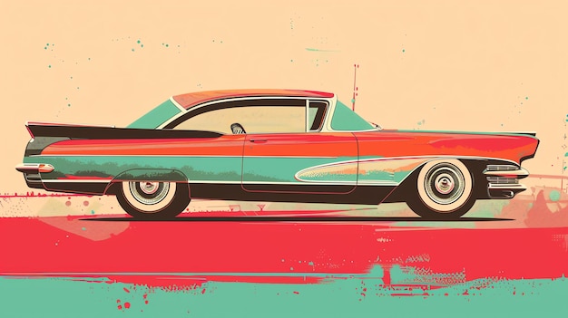 Retro red and teal car illustration in a pop art style