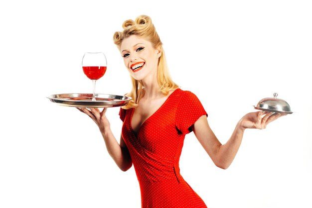 Retro restaurant wine. Pin up girl waiter with service tray.