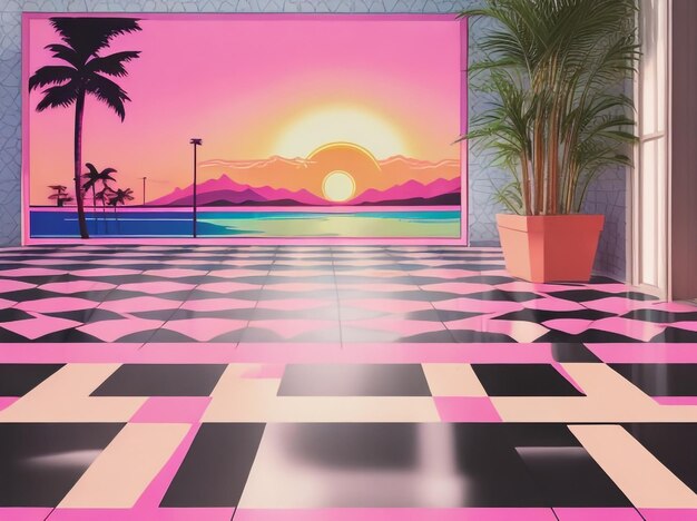 Foto retro reverie vaporwave paesaggio con sunset sun e cityscape