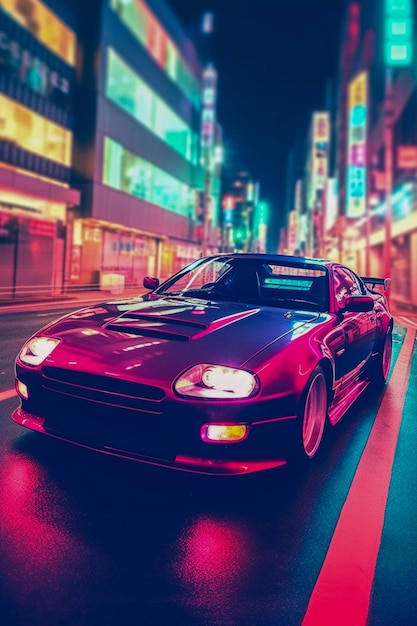 Возрождение классического автомобиля в стиле ретро на улице Токио с использованием эстетики ретроволны, сгенерированного искусственным интеллектом