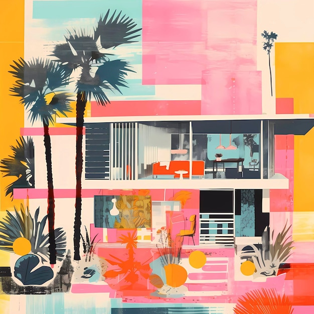 Retro risograaf print Miami palmen en huisstijl poster kunst Generatieve AI
