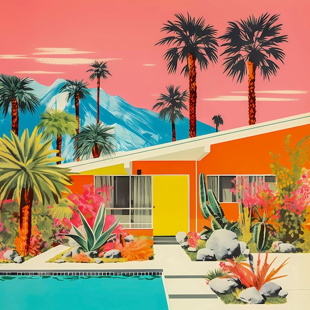 Photo retro risograph print miami palms and house style poster art generative ai