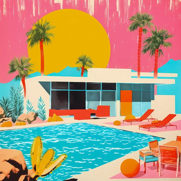 Retro risograph print Miami palms and house style poster art Generative AI