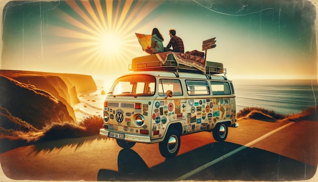 Retro Road Trip Vintage Van at Sunset