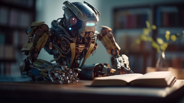 Retro robot die een boek in de bibliotheek leest Onderwijs en wetenschap conceptgeneratieve ai