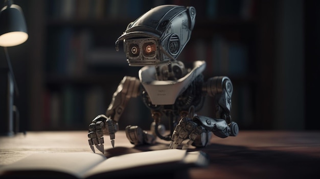 Foto retro robot die een boek in de bibliotheek leest onderwijs en wetenschap conceptgeneratieve ai