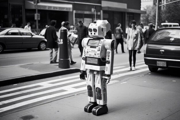 Retro robot in nyc-straten uit de jaren 90