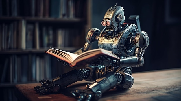 Retro robot reading a book in the library Education and science conceptgenerative ai