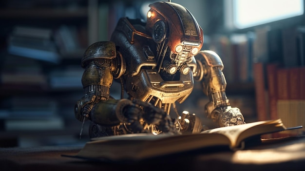 Retro robot reading a book in the library Education and science conceptgenerative ai