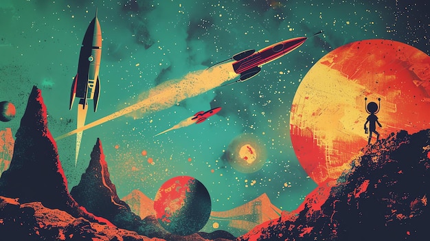 Photo retro rocketship and planets vintage space exploration concept