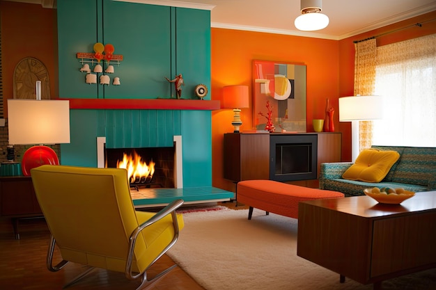 Retro room with cozy fireplace and bright accent colors created with generative ai