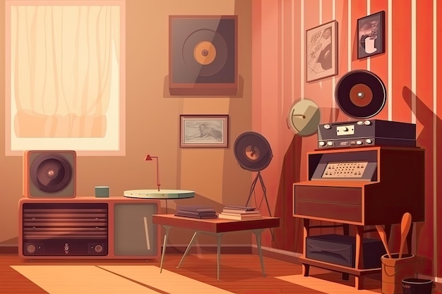 Retro room with record player vinyl records and vintage poster