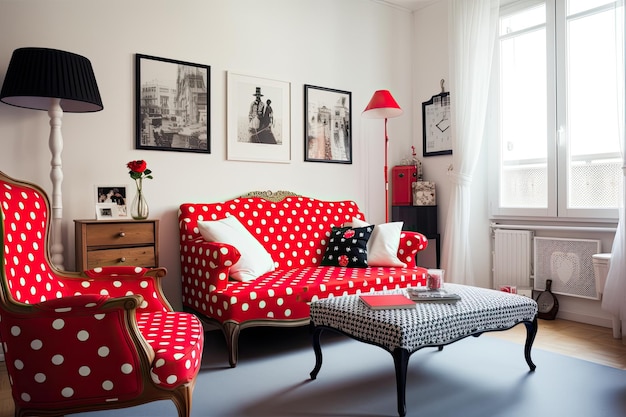Комната в стиле ретро с красными акцентами и горошком — идеальное сочетание винтажа и современности.