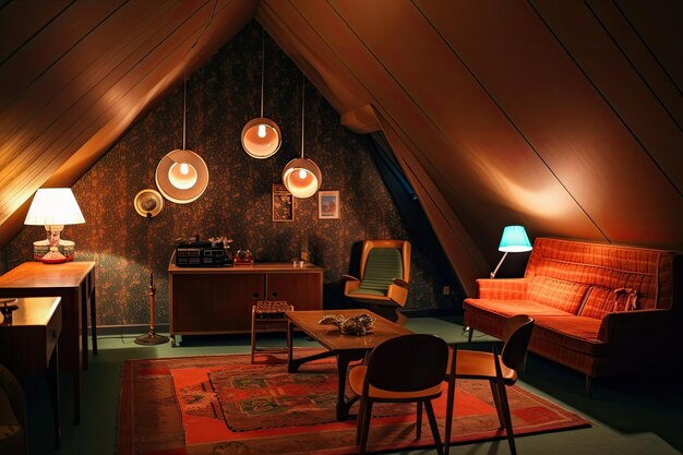 Photo retro room with slanted ceiling dim lighting and vintage furnishings