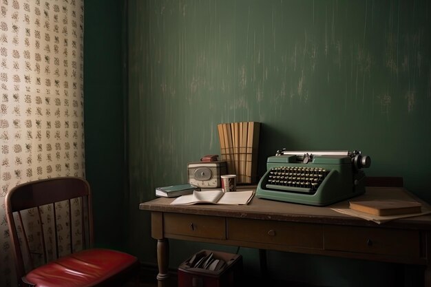 Photo retro room with typewriter and stack of paper on desk