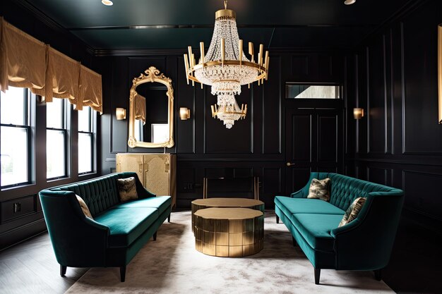 Retro room with velvet seating crystal chandelier and gold accents