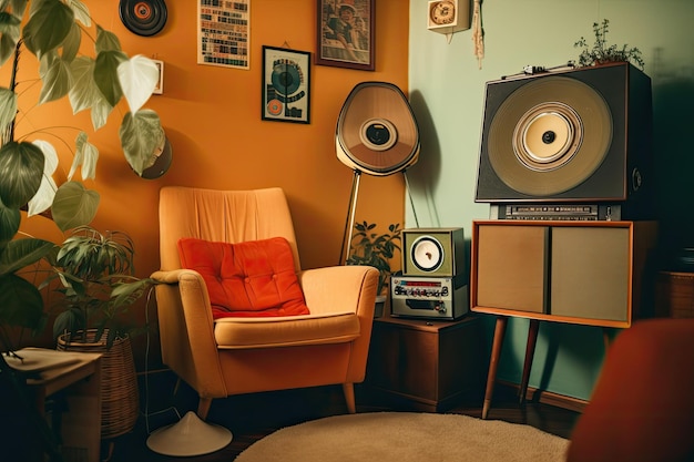 Фото Ретро-комната с винтажным проигрывателем красочных пластинок и уютным креслом