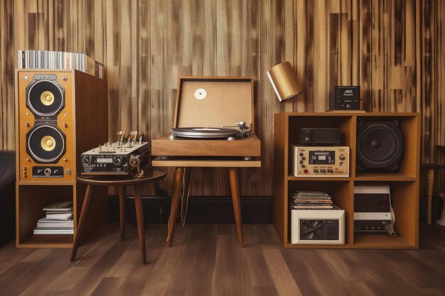 Photo retro room with vinyl records tape player and books on the shelf