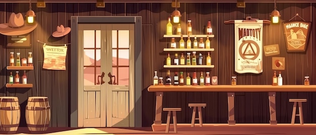 Retro saloon interior design Modern cartoon illustration of a bar with a door and window an old wooden counter and alcohol bottles on a shelf and beer mugs on the tables