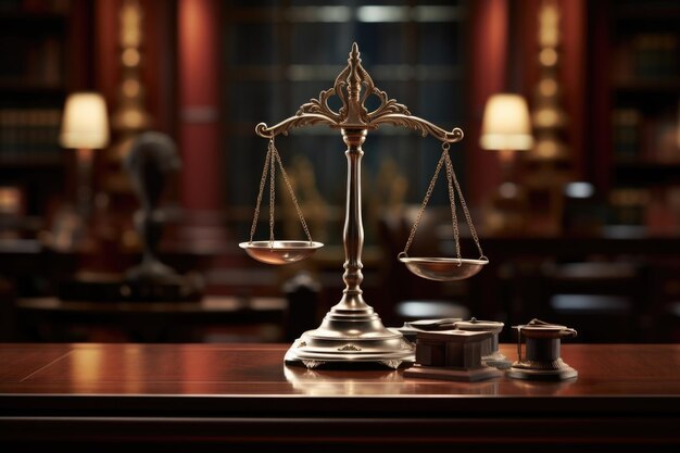 Retro scales of justice on the table in the courtroom