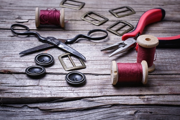 Retro set of buttons,thread and scissors