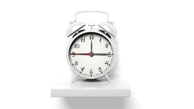 Photo retro silver alarm clock on white wall shelf