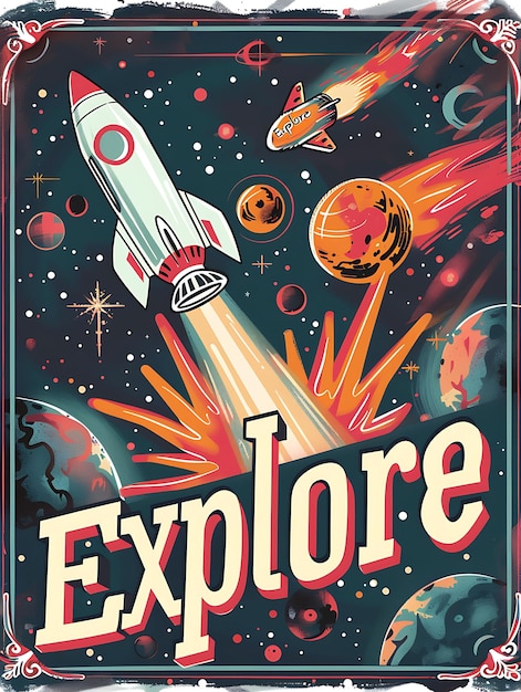 Foto retro space themed postkaart met een celestial border explo illustratie vintage postkaart decoratief