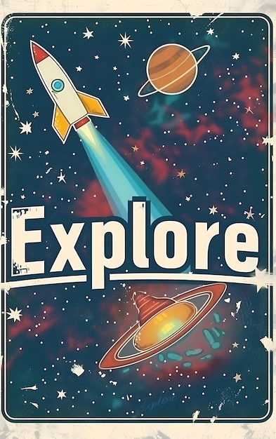 Foto retro space themed postkaart met een galaxy border explore illustratie vintage postkaart decoratief
